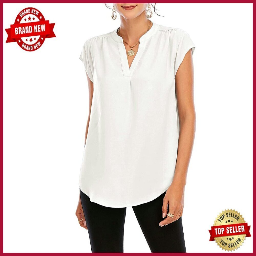 Women's Chiffon Blouse Split V Neck Cap Sleeve Frill Trim Work Office